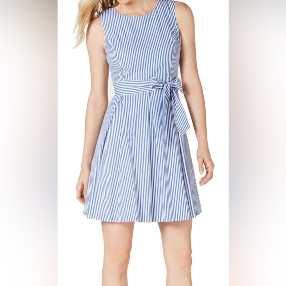 NWT PAPPAGALLO Blue Striped Sleeveless Mini Fit & Flare Dress Size 10
